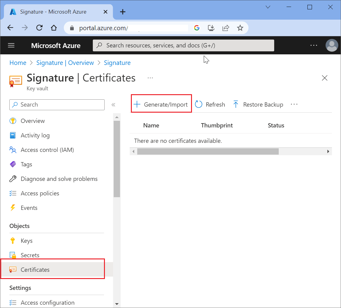 Choose Certificates, and click Generate/Import