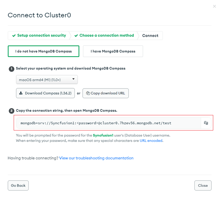 Connection string created using MongoDB Compass