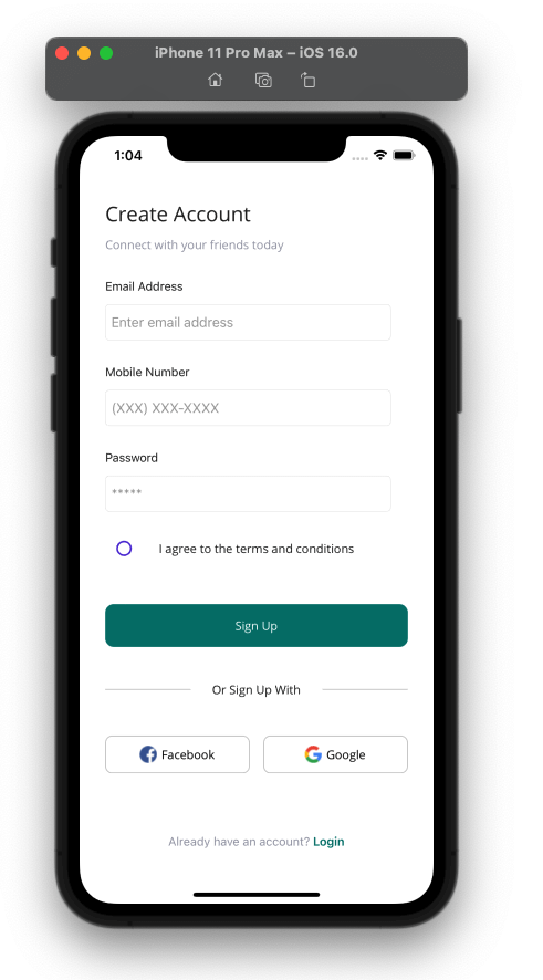 Create Account page on the Sign Up UI App