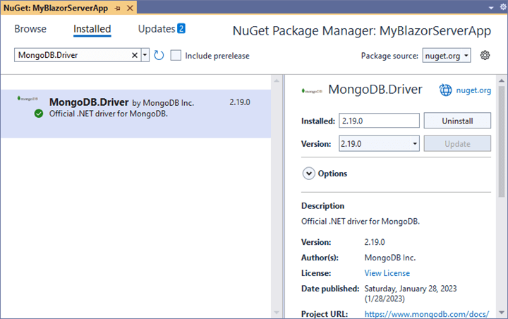 Installing MongoDB.Driver using the NuGet Package Manager