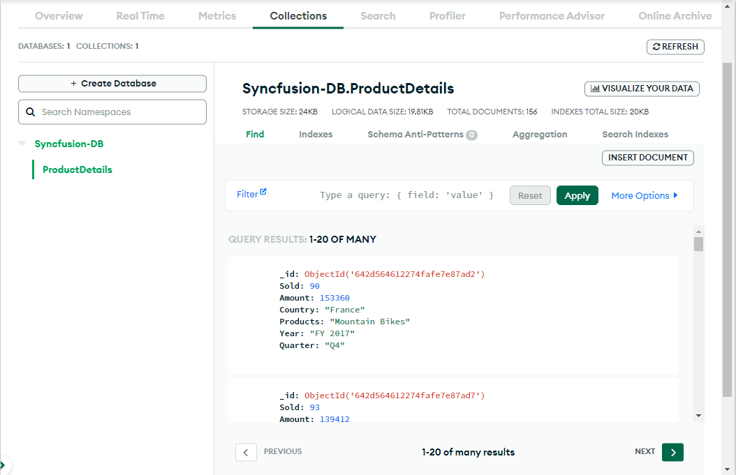 ProductDetails collection added to the Syncfusion-DB database
