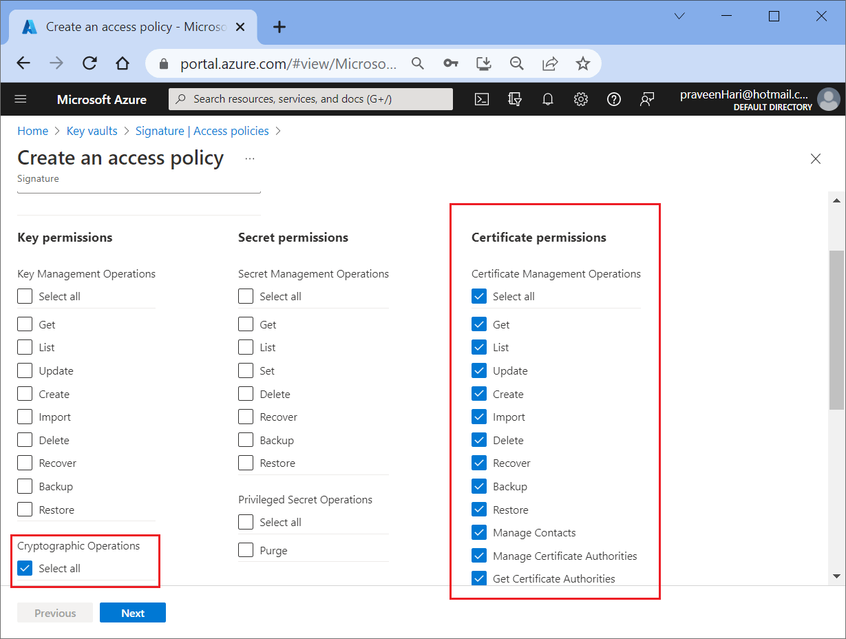 Select the necessary permissions and click Next
