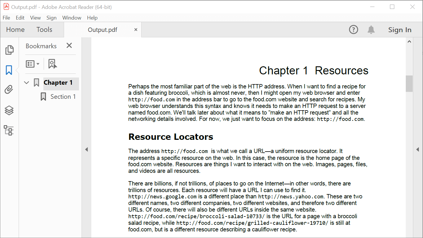 Bookmarks in a PDF document