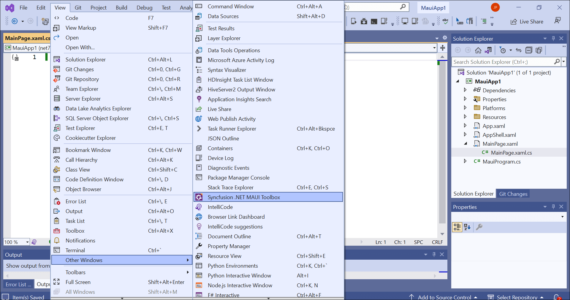 Choose View -> Other Windows -> Syncfusion .NET MAUI Toolbox from the Visual Studio menu