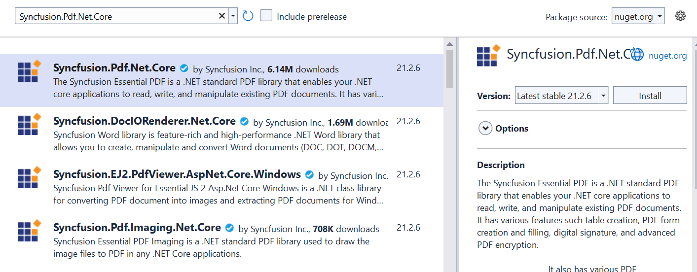 Install Syncfusion.Pdf.Net.Core NuGet Package
