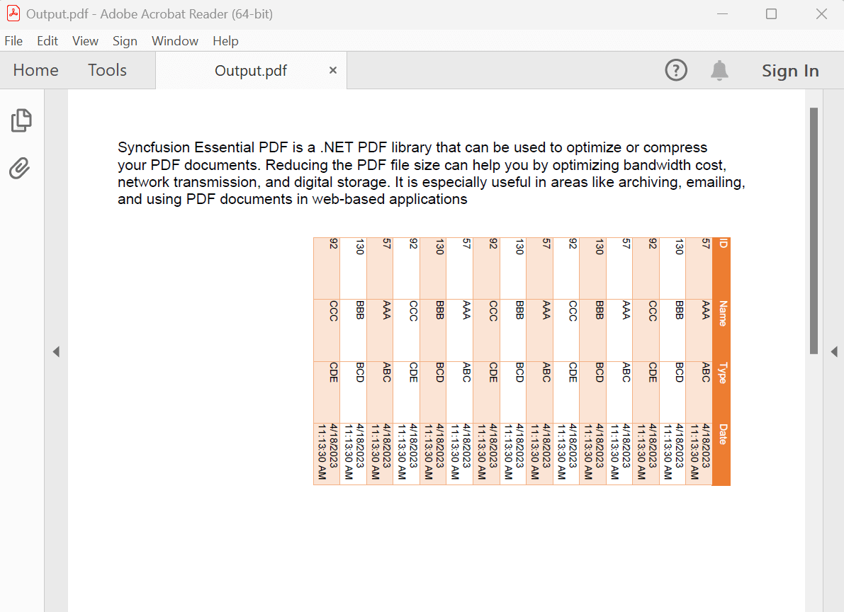 Rotating a table in a PDF