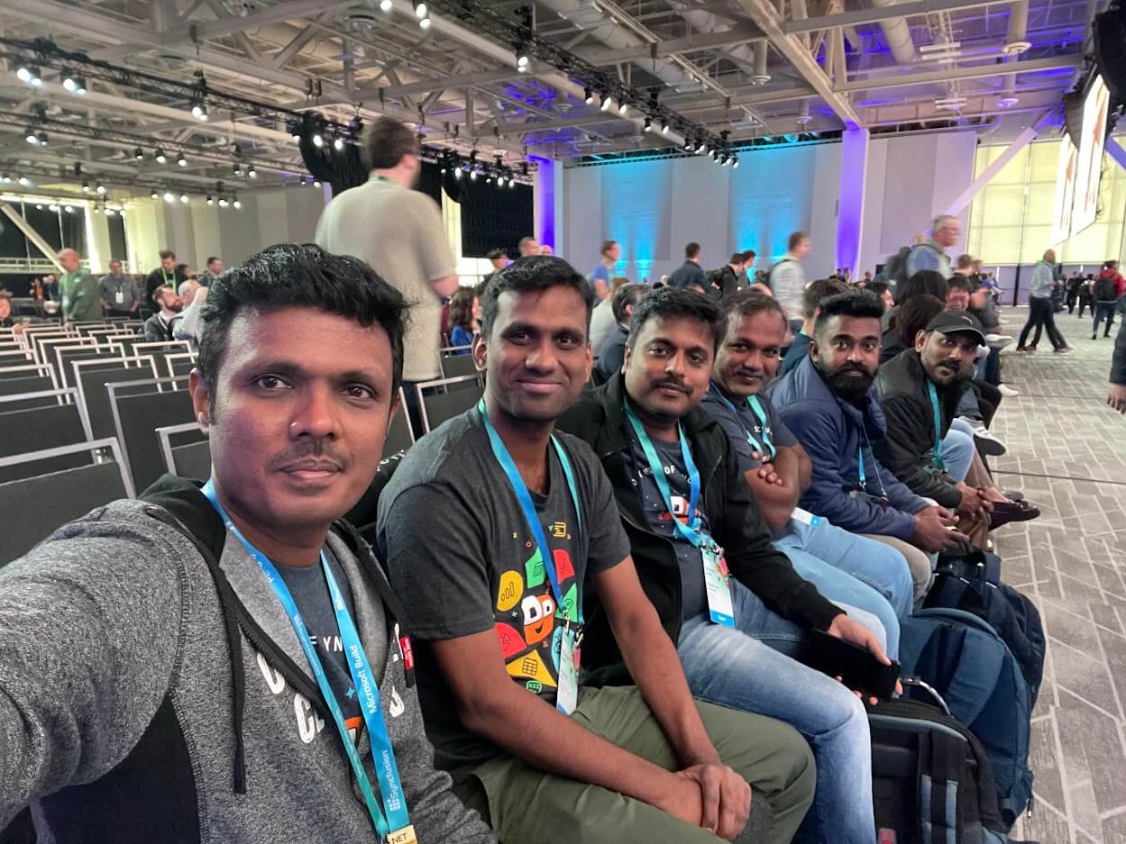 Syncfusion Technical Team Managers Before the Keynote, Left to Right Vijayanand S., Rajasekar Babu, Vijayakumar Srinivasan, Rajendran Rathinam, Michael Prabhu, George Livingston. Source Vijayanand S.