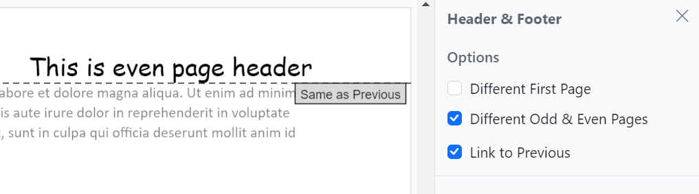 Header and footer linking in JavaScript Word Processor