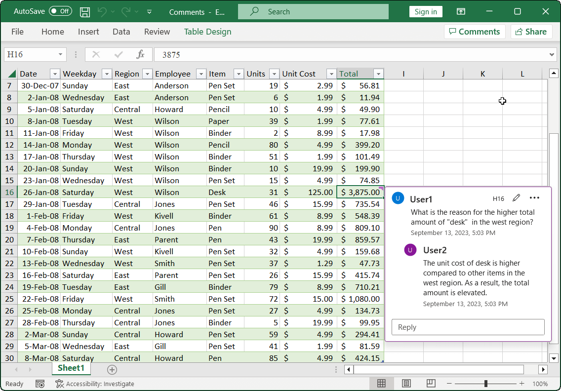 Replying to a comment in an Excel document