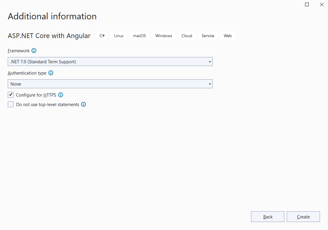 Configure the project in the Additional information dialog