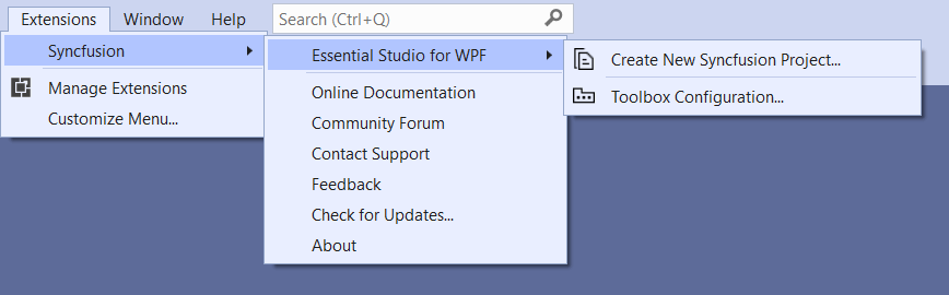 Create WPF projects using the Syncfusion menu in Visual Studio
