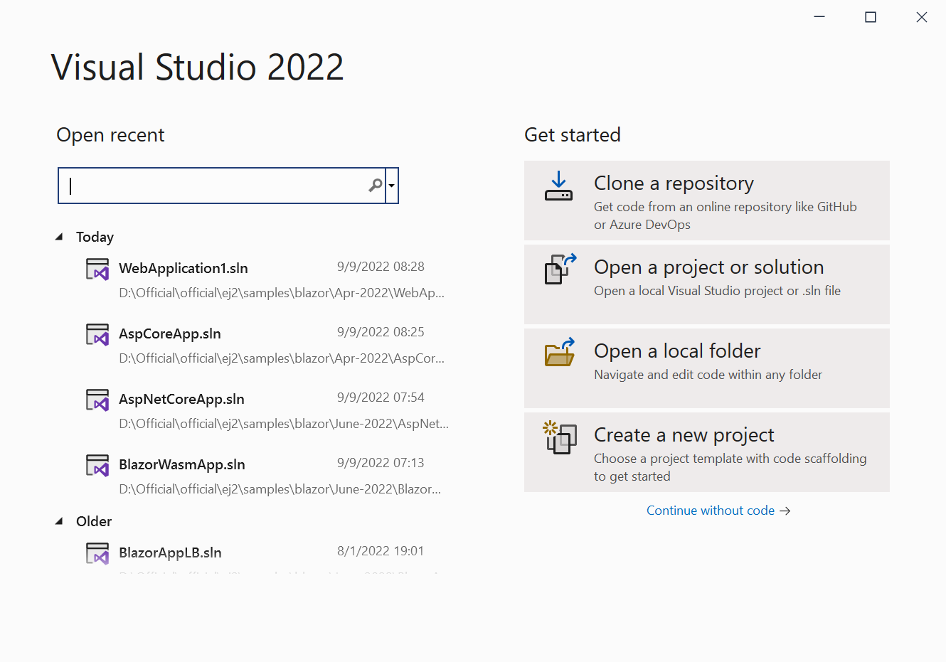Creating a new project in Visual Studio 2022