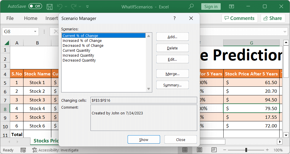 Creating scenarios using what-if analysis feature in an Excel document