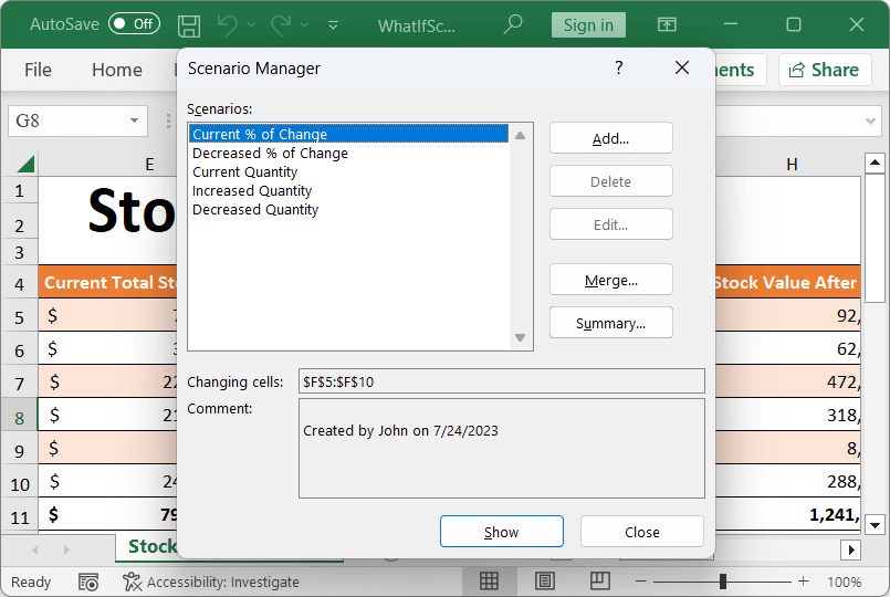 Hiding a scenario in an Excel document