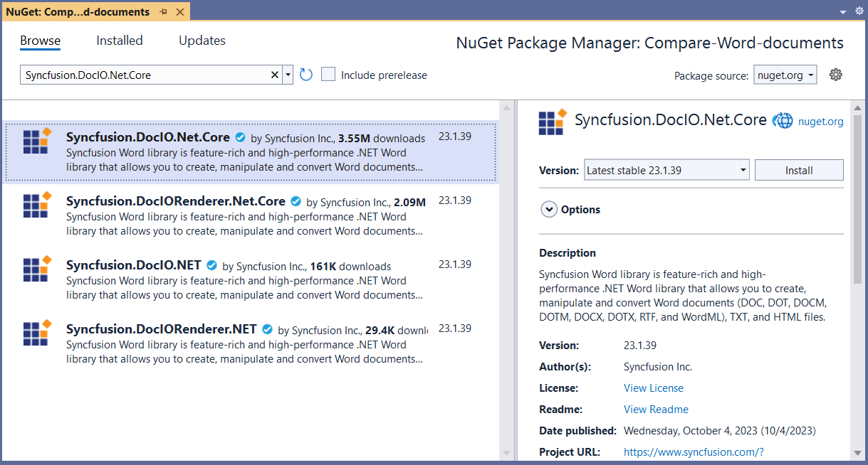 Installing Syncfusion.DocIO.Net.Core NuGet package