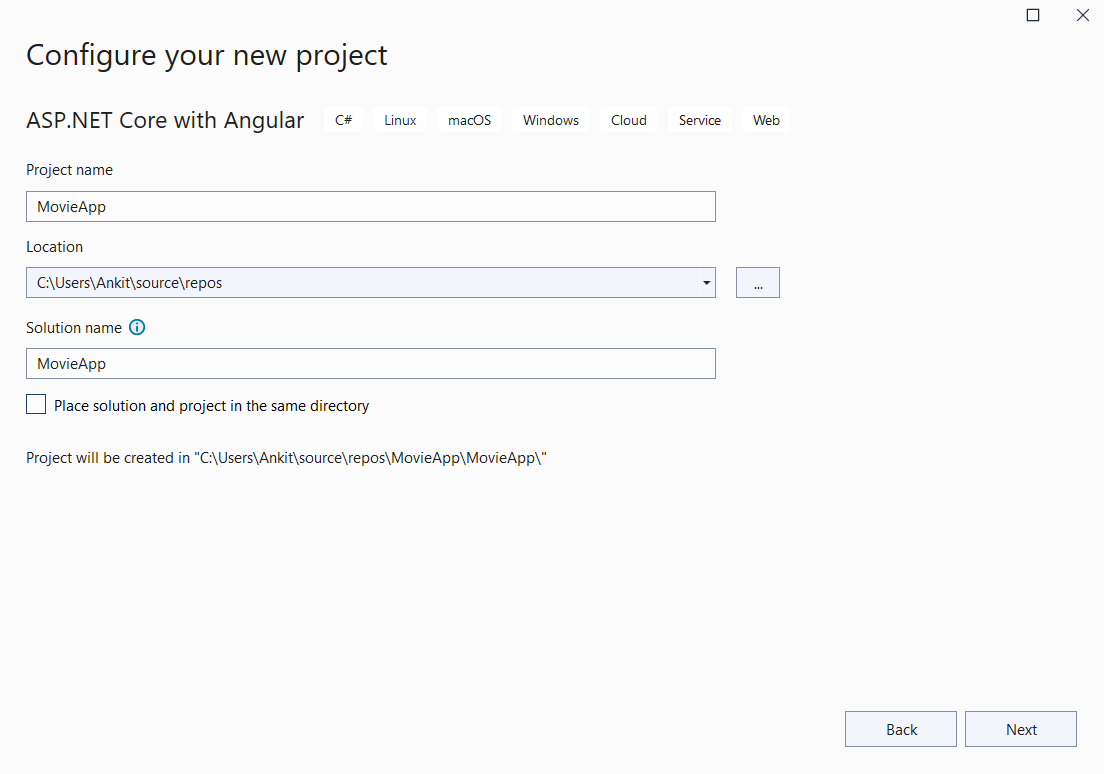 Configure your new project dialog
