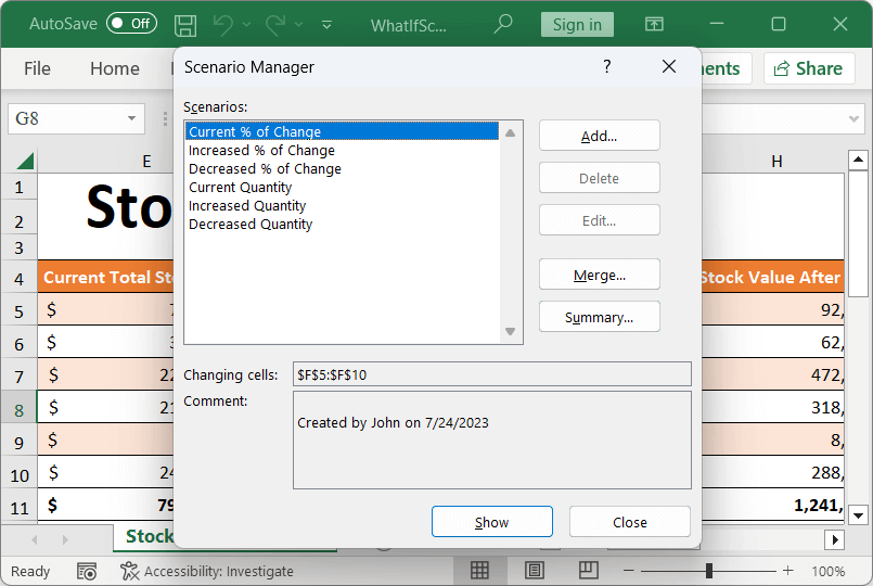 Protecting scenarios in an Excel document