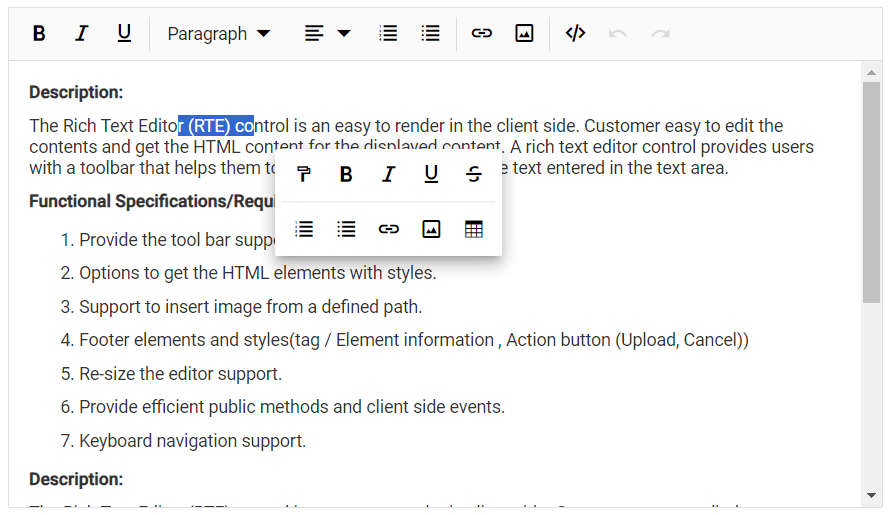 Quick format toolbar for text in Rich Text Editor