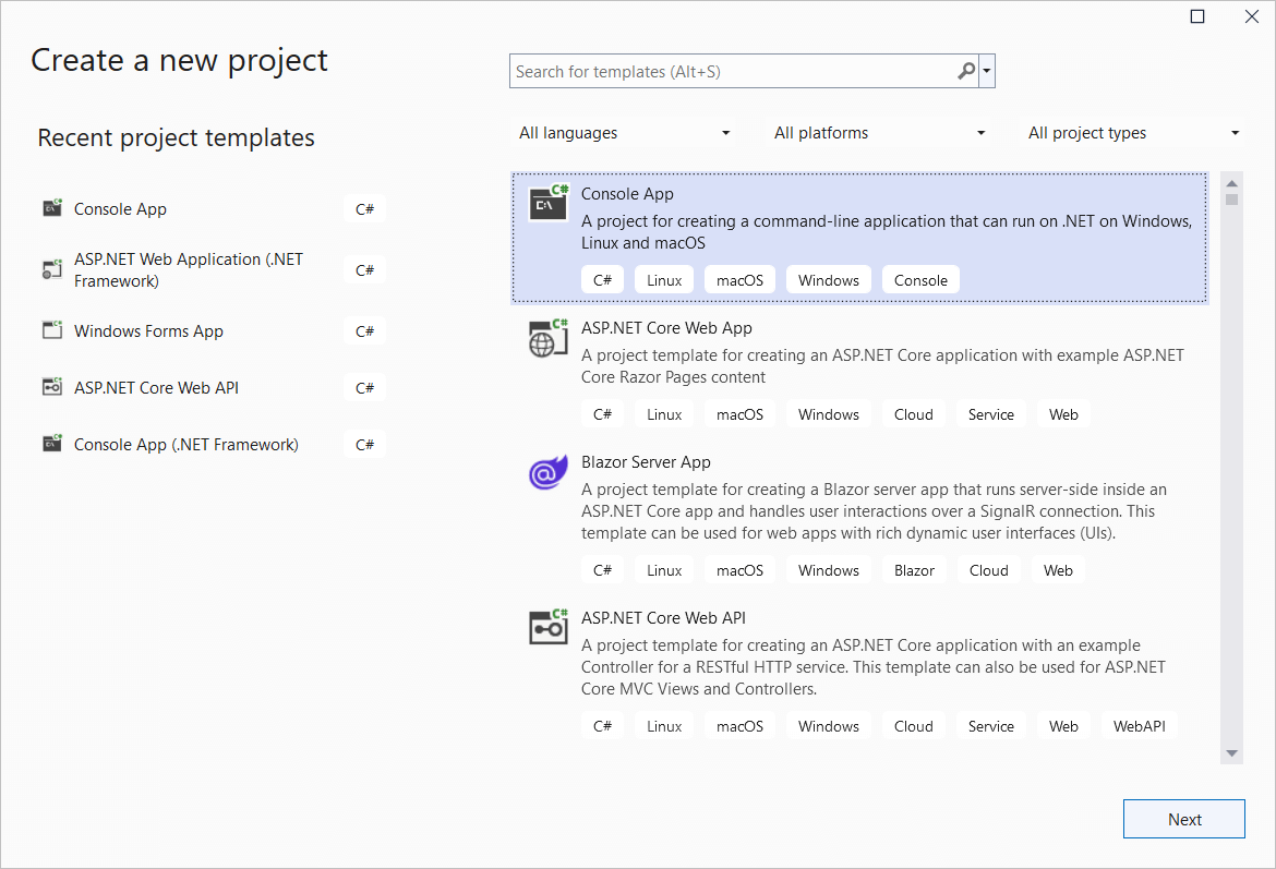 Select Console App in Visual Studio