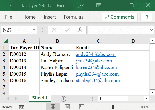 Excel document showing taxpayer data