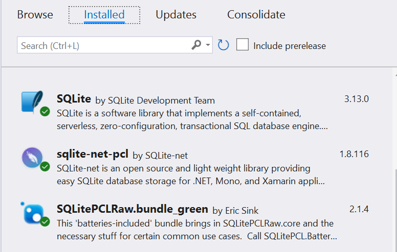 Installing packages to connect to SQLite database