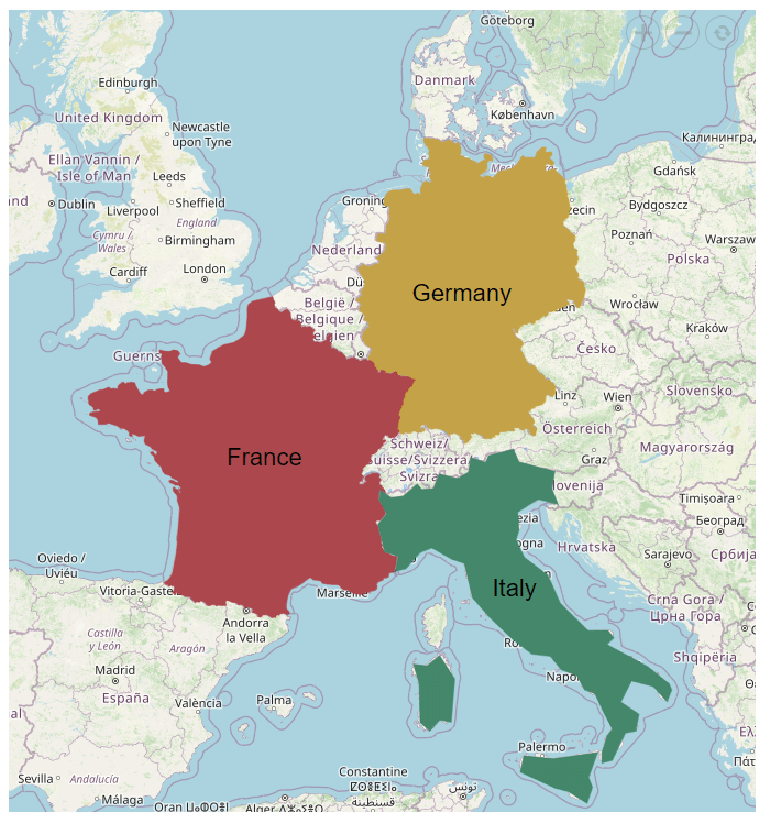 Visualizing countries with the top 3 GDPs in the European Union by rendering polygon shapes as a sublayer on the tile image