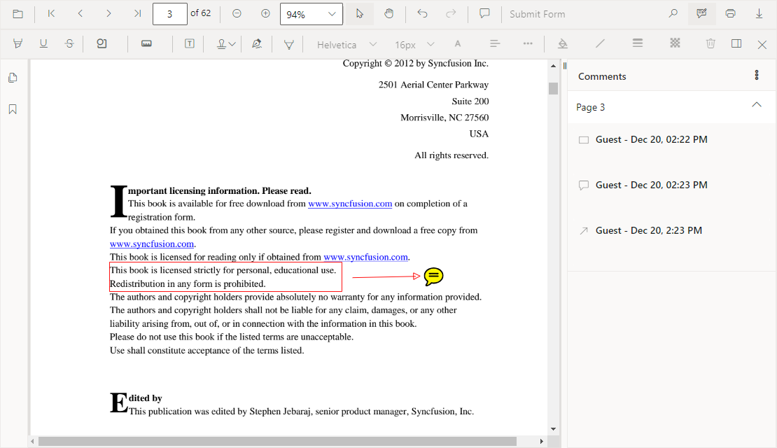 Adding a sticky note annotation using Blazor PDF Viewer