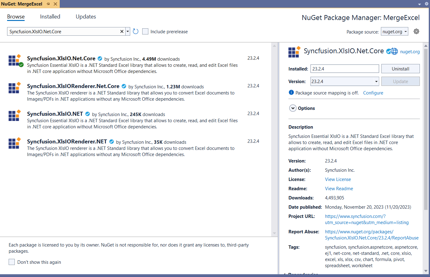 Install Syncfusion.XlsIO.Net.Core NuGet package