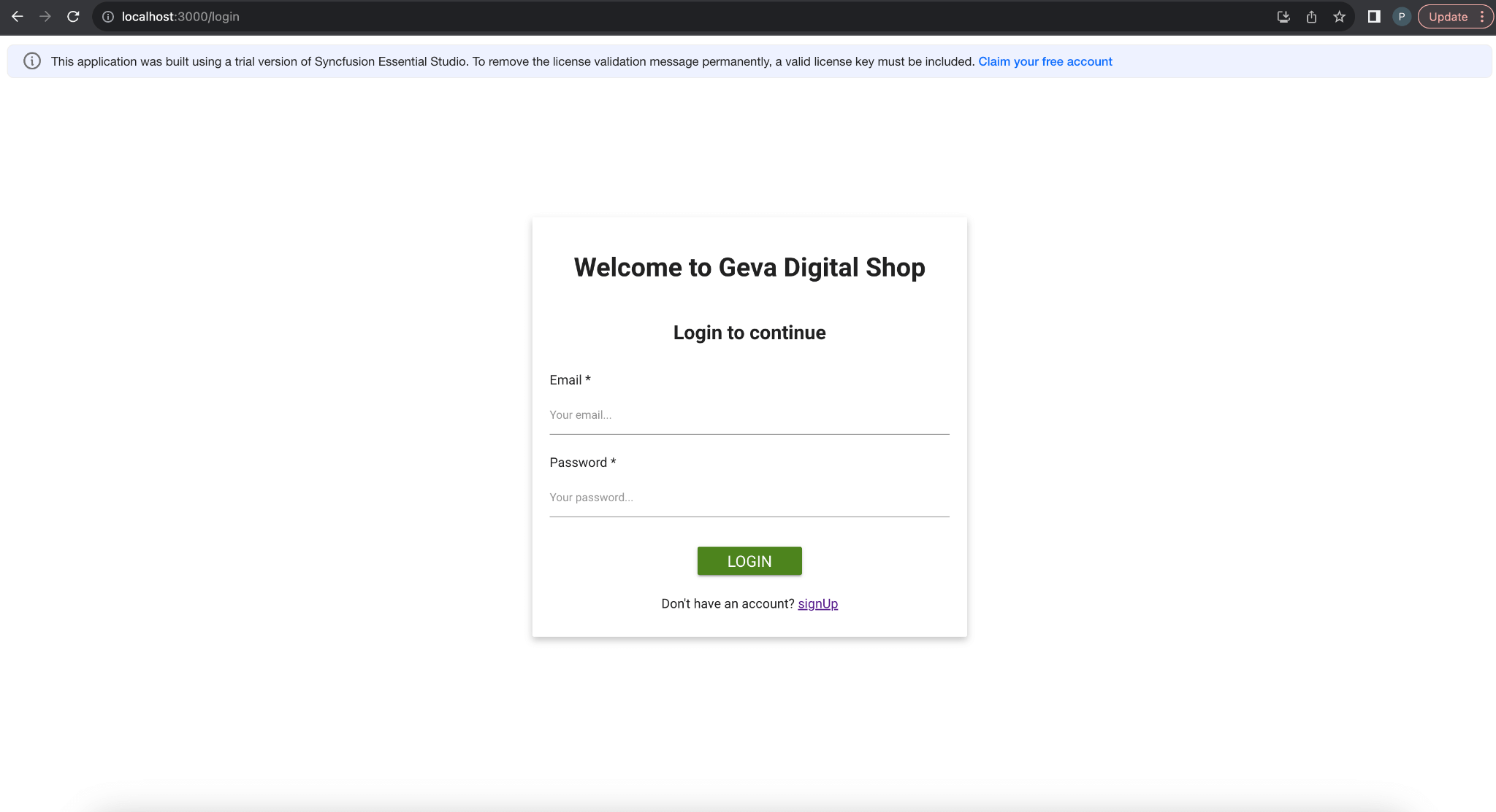 Login page in React e-commerce app