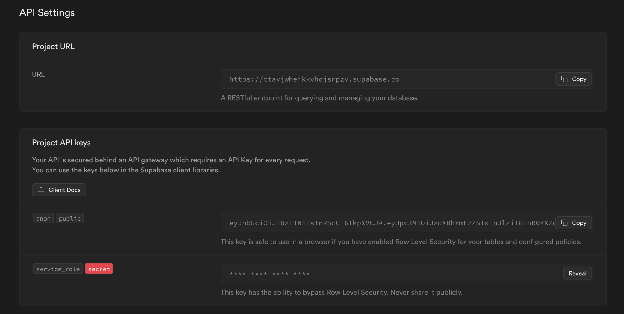 Supabase API settings reference