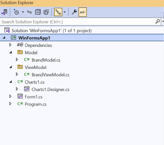 Solution Explorer window showing the created WinForms app 