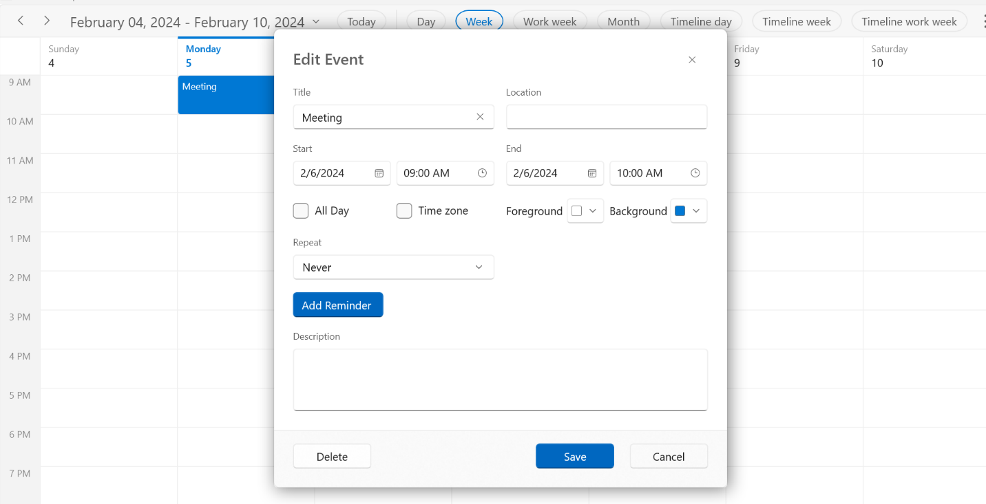 Appointment editor in the WinUI Scheduler