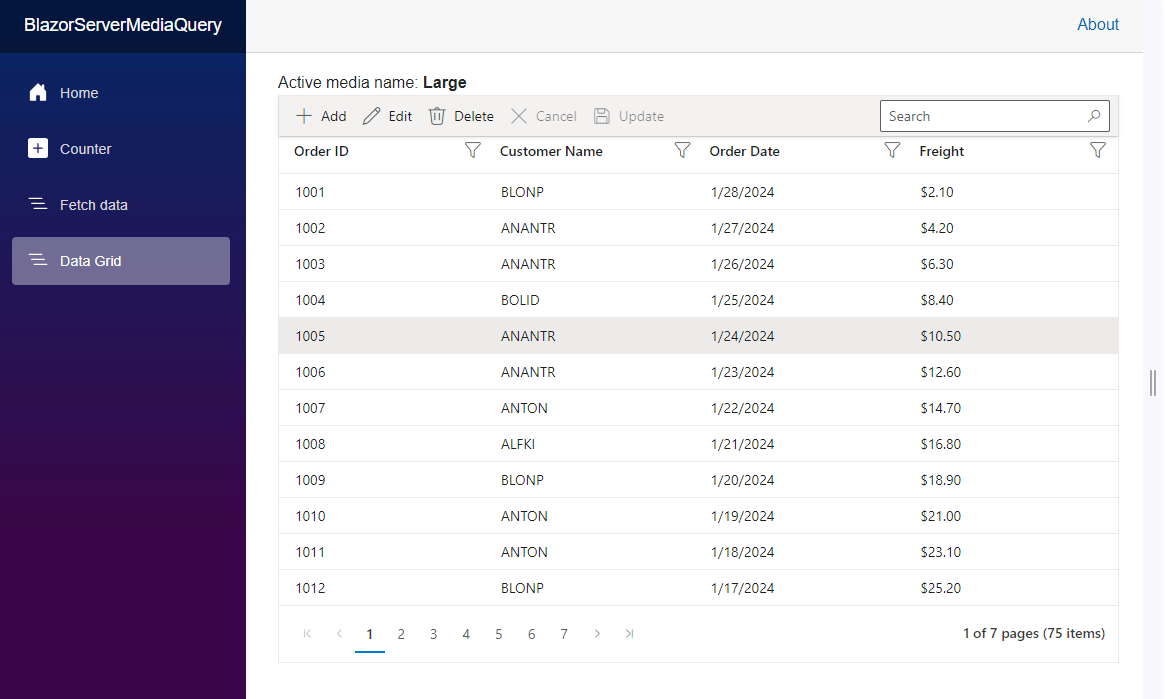 Creating responsive web design for the DataGrid component using Blazor Media Query