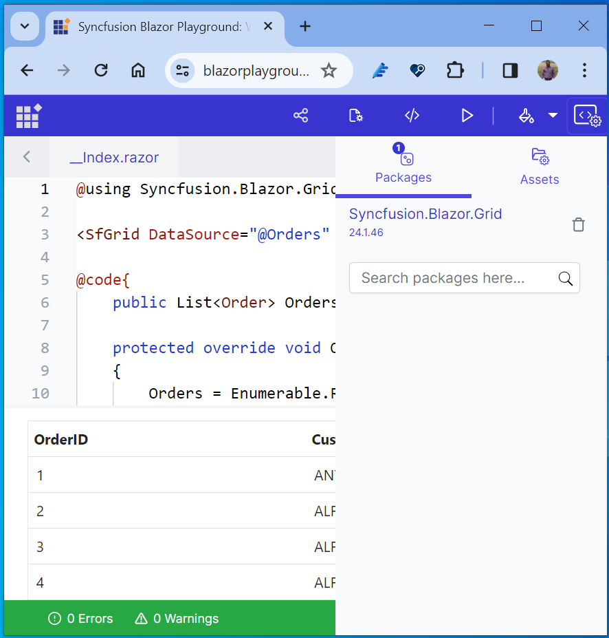 Managing NuGet packages with the Blazor Playground app