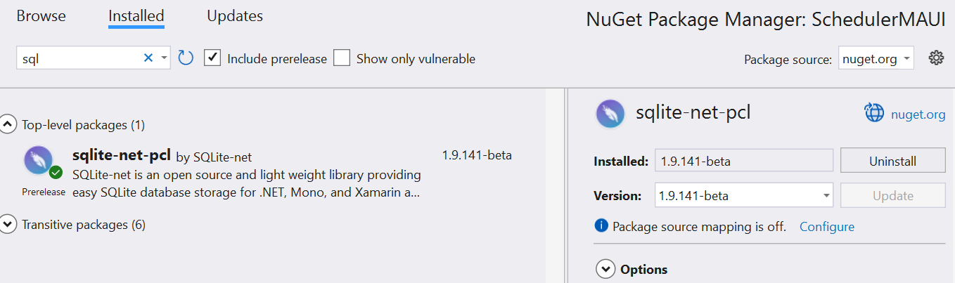 Install sqlite-net-pcl NuGet package