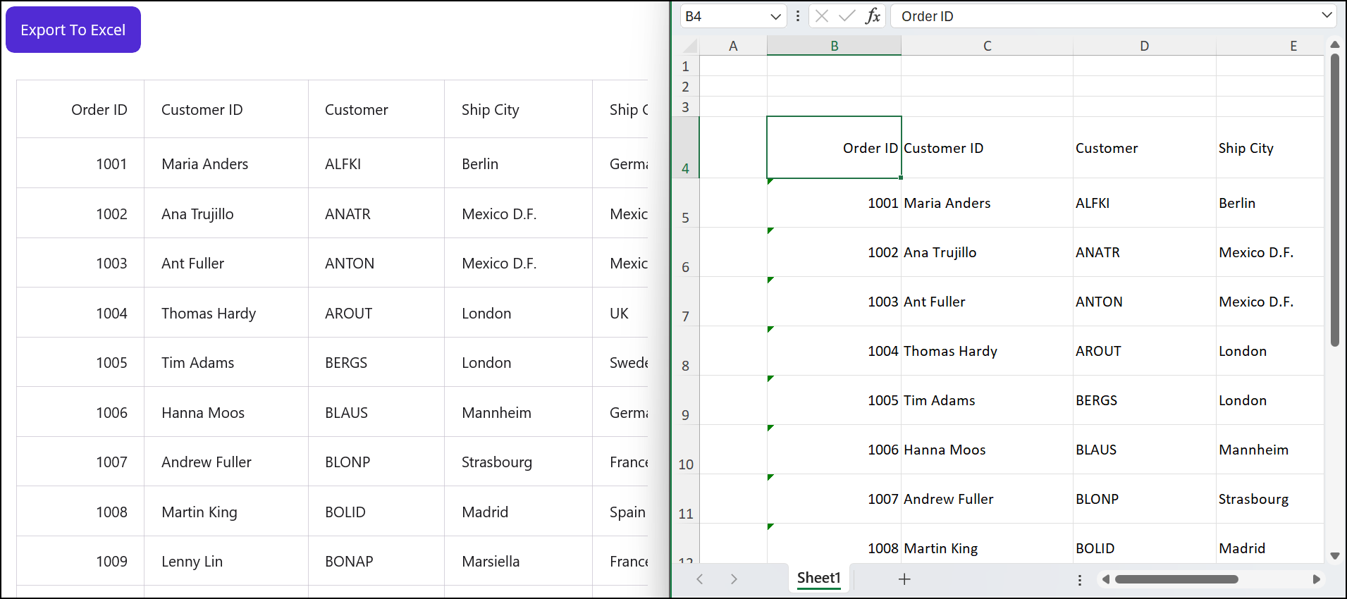 Customizing the starting row and column in the exported data in an Excel sheet