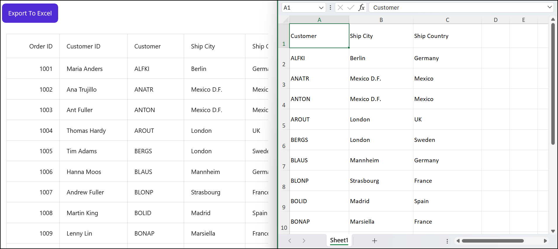 Exporting grid data excluding specific columns to an Excel file