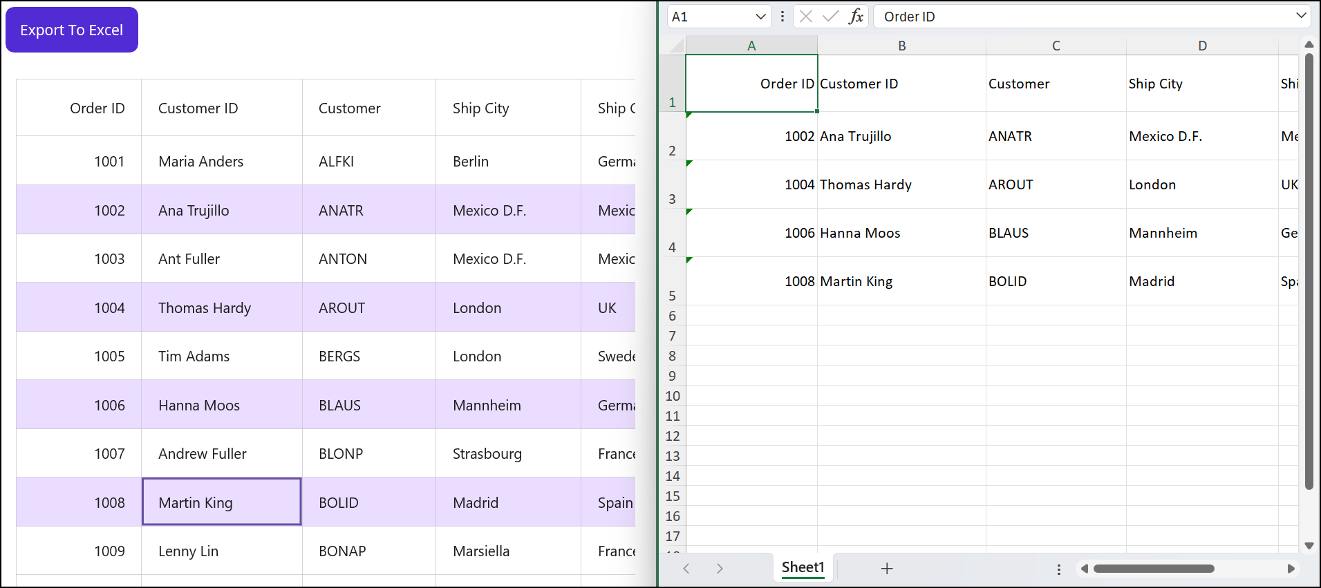 Exporting selected rows in a grid to an Excel sheet