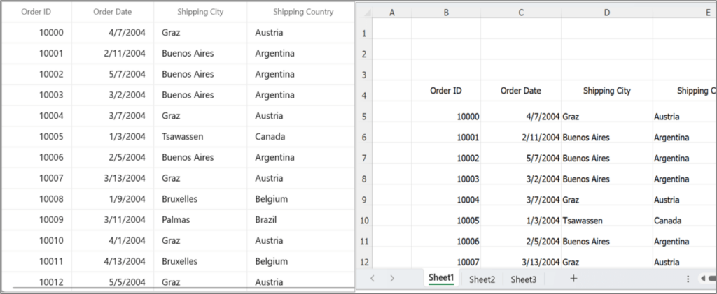 Customizing the starting row and column position in the exported Excel file