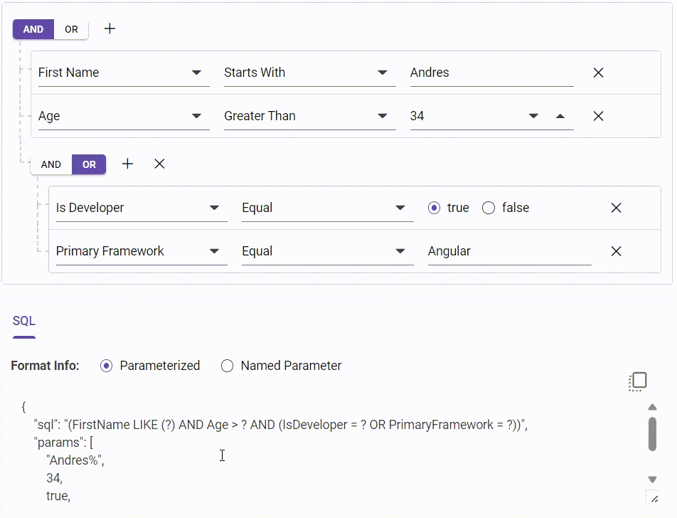 Parameter SQL Query support in the Blazor Query Builder