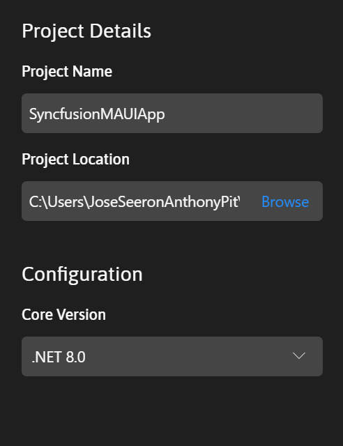 Project Details section of the Syncfusion .NET MAUI Template Studio wizard