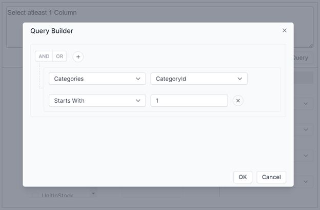 Connecting two tables: The user interface of the Query Builder in the custom component