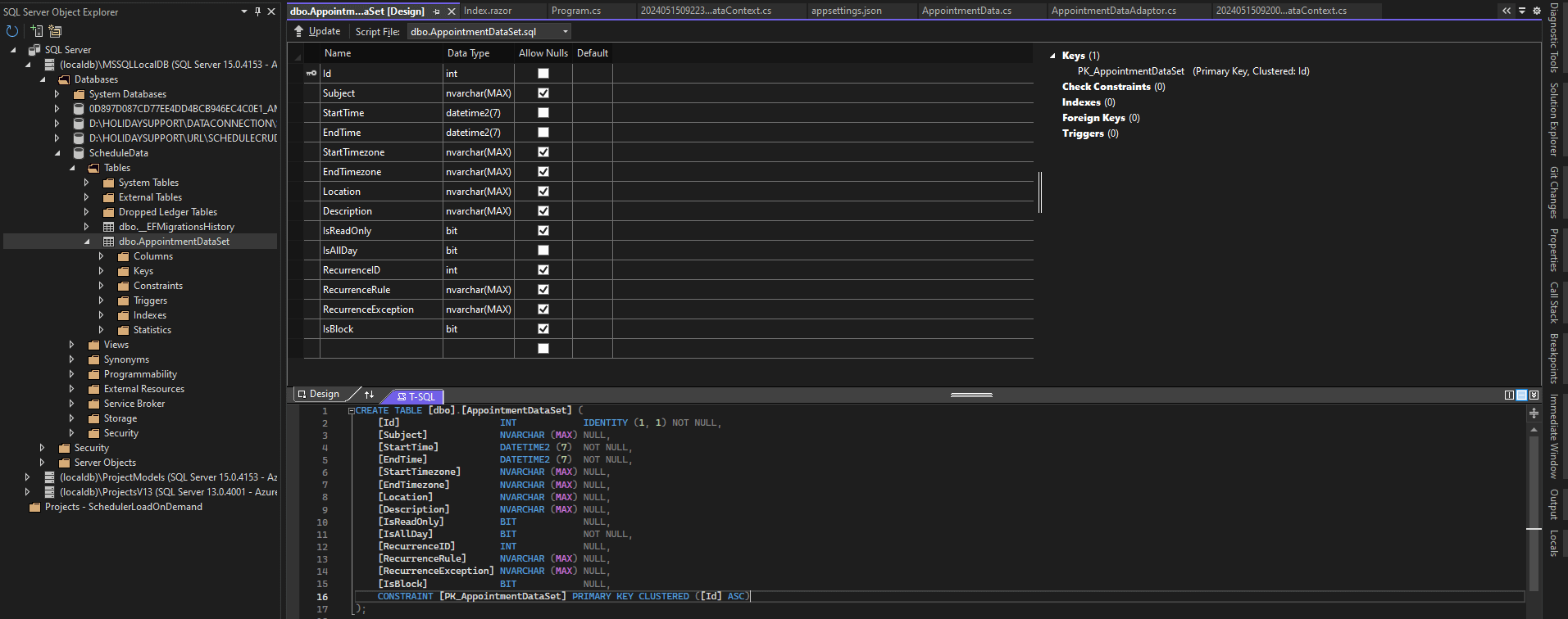 Database AppointmentData is created with a table AppointmentDataSet