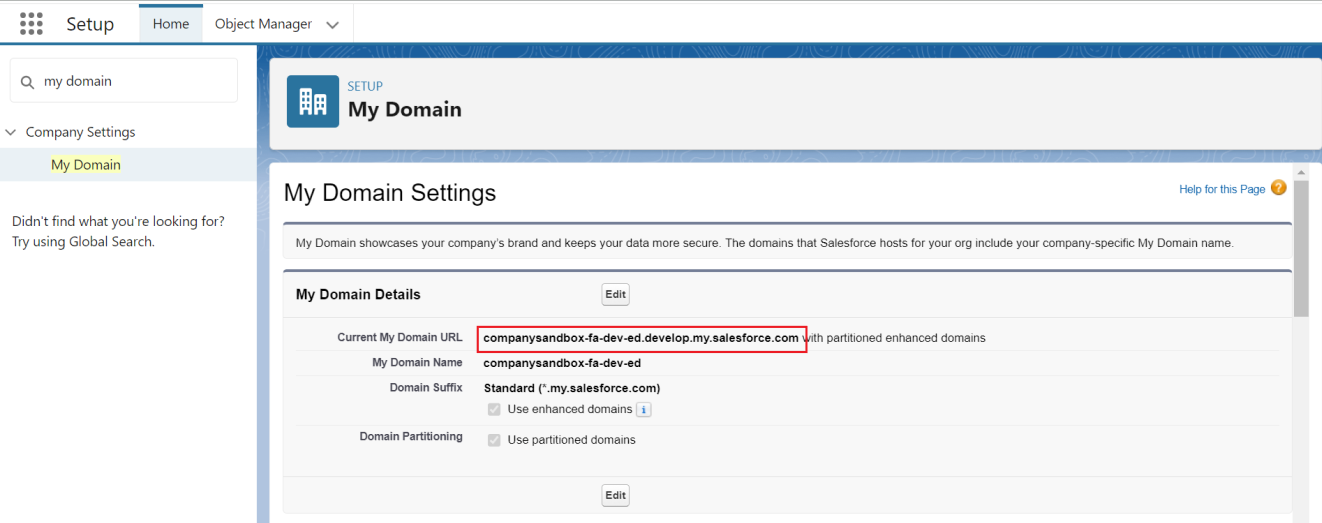 Get domain URL in Salesforce settings