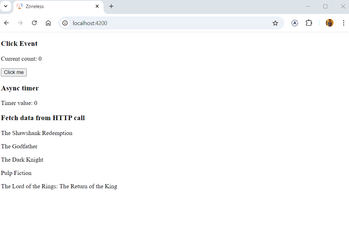 App running in zoneless mode with click events and async data updates functioning correctly
