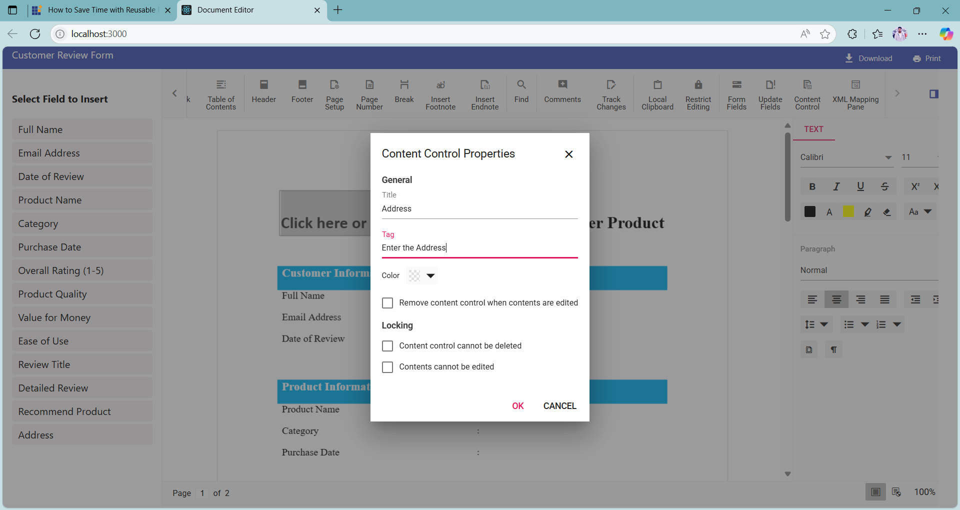 Content control properties dialog in Document Editor