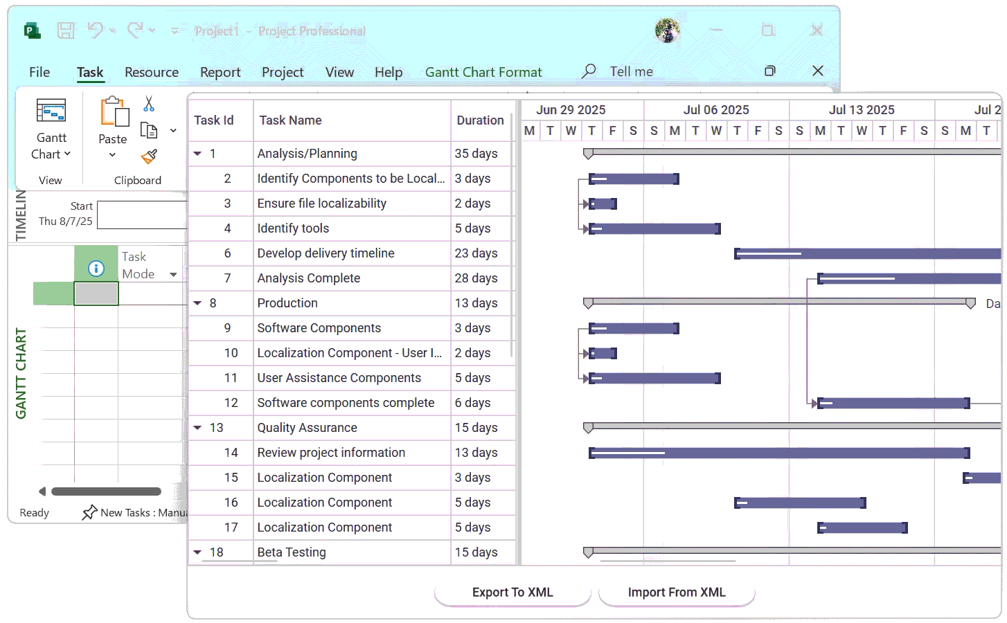 Export data from the Syncfusion WPF Gantt Control to XML and import it into Microsoft Project