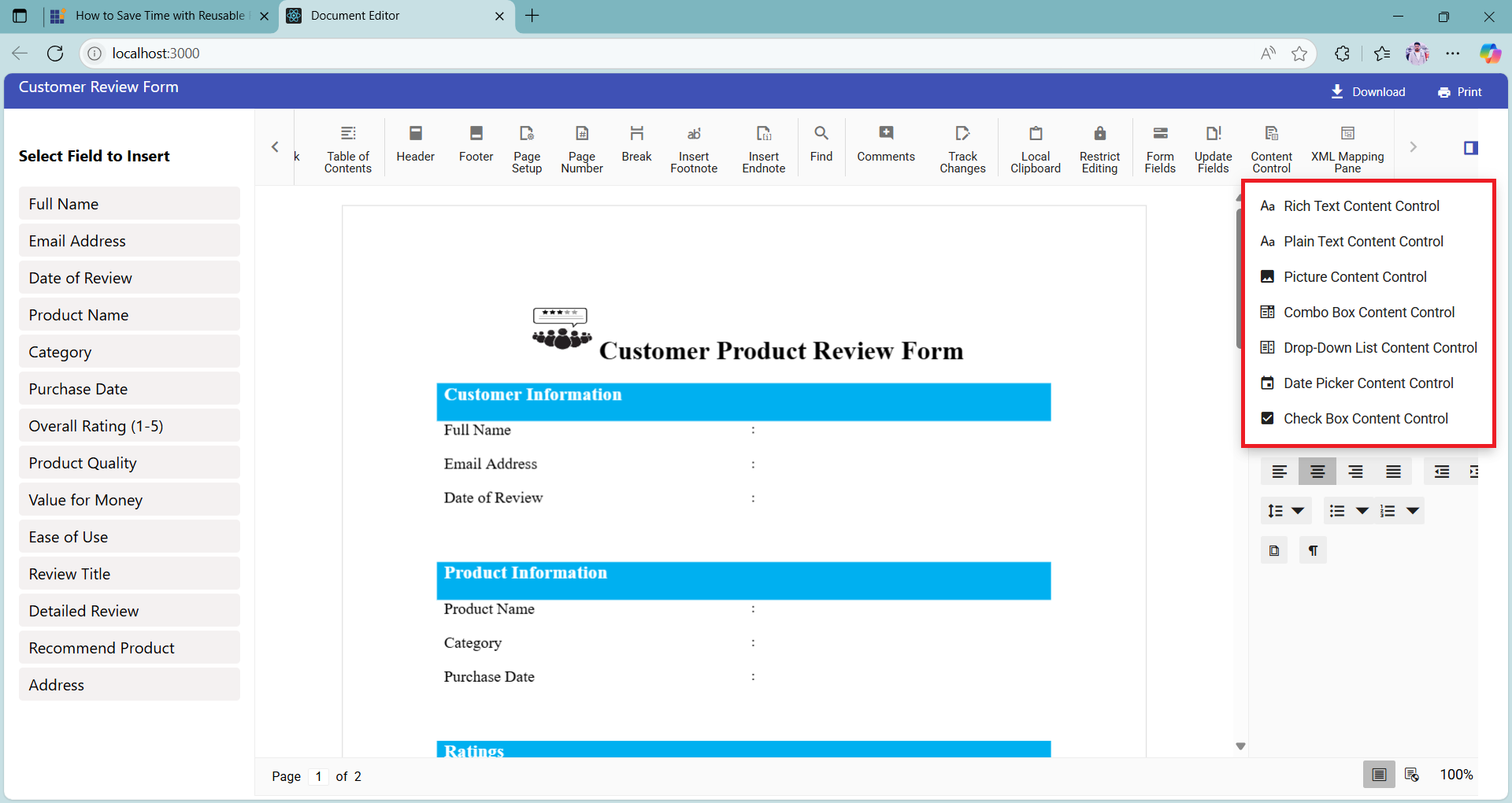 Selecting the type of content control in Document Editor