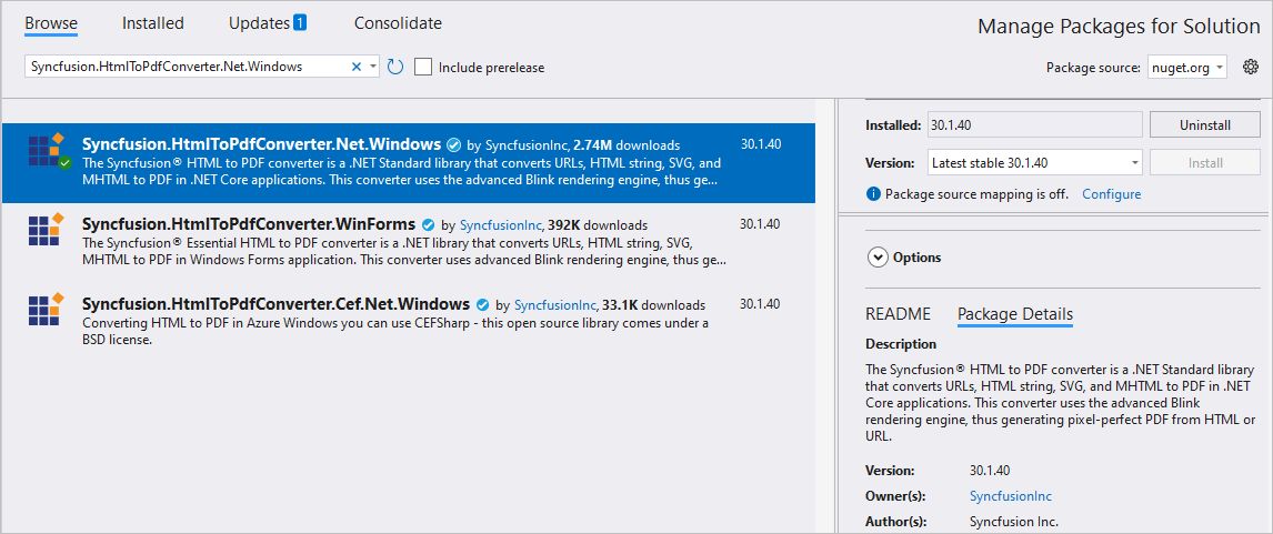 Syncfusion Html To Pdf Converter Net Windows NuGet package