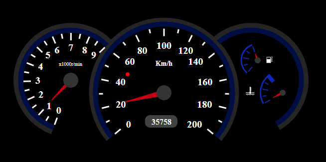 Vehicle dashboard with speedometer, RPM gauge, temperature, and fuel indicators
